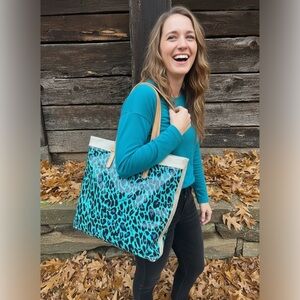 Consuela Blue Jag Classic Tote 14”x14”x6” – Full Size in Teal Leopard Print